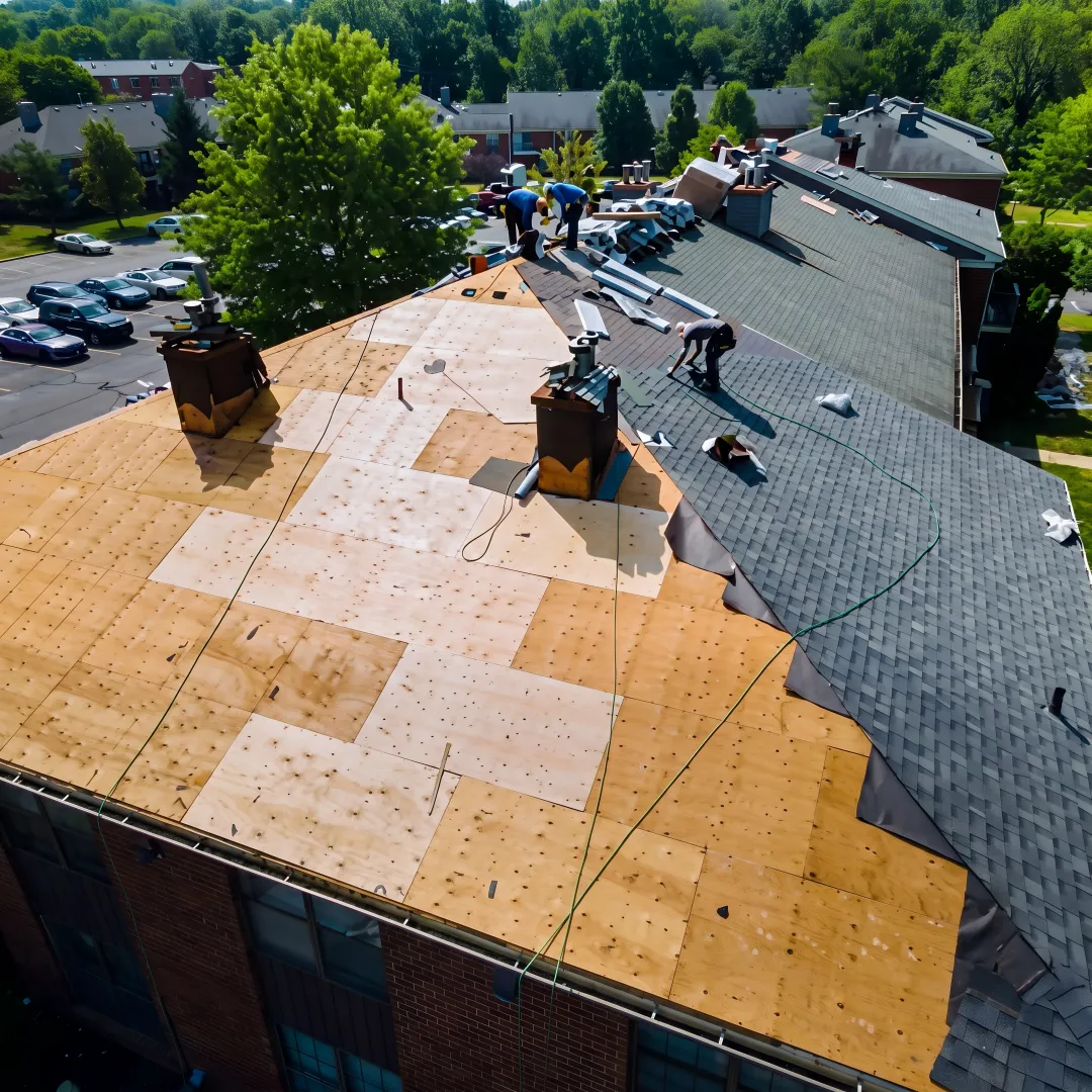 Roofing team replacing damaged deck section