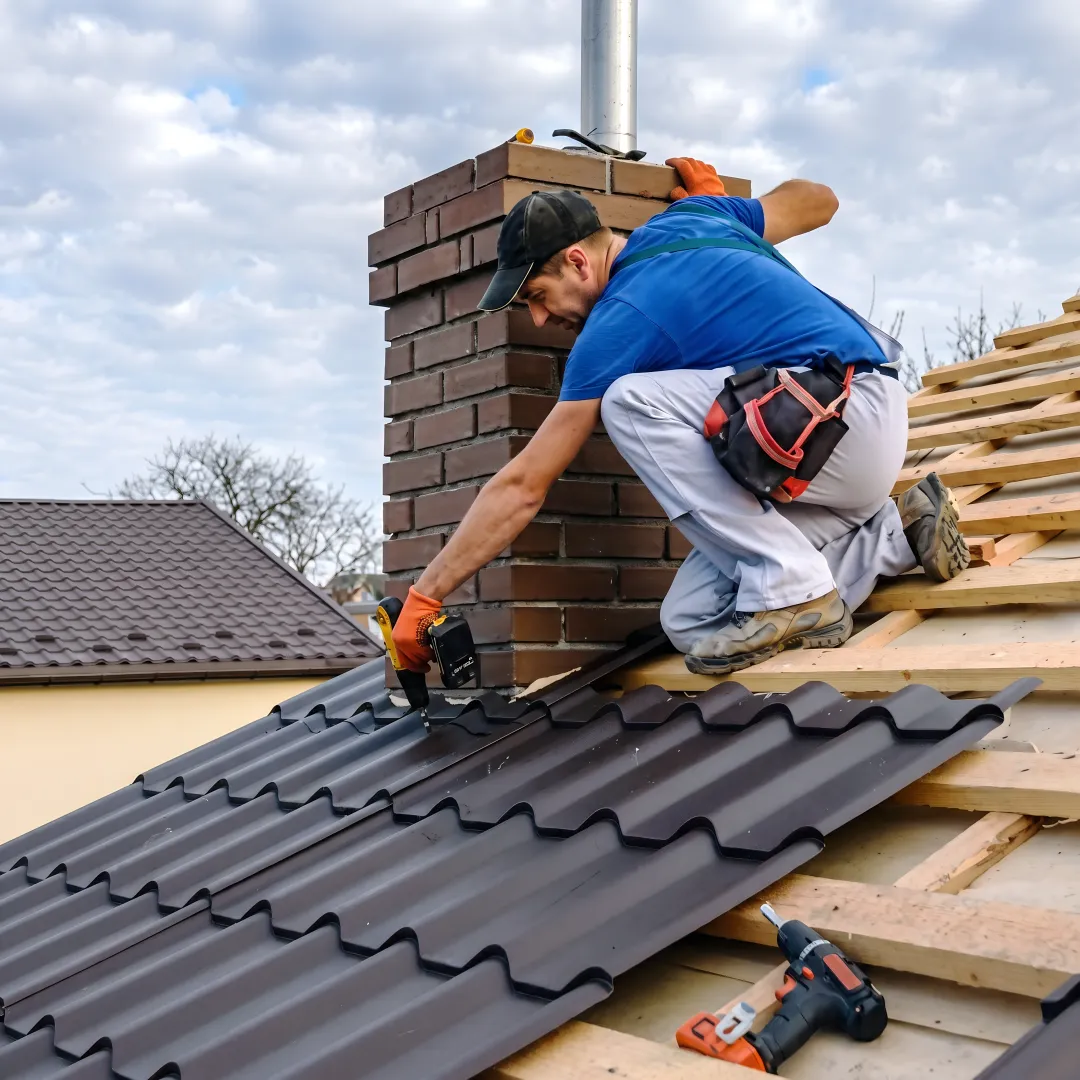 Roofing crew installing ribbed metal panels