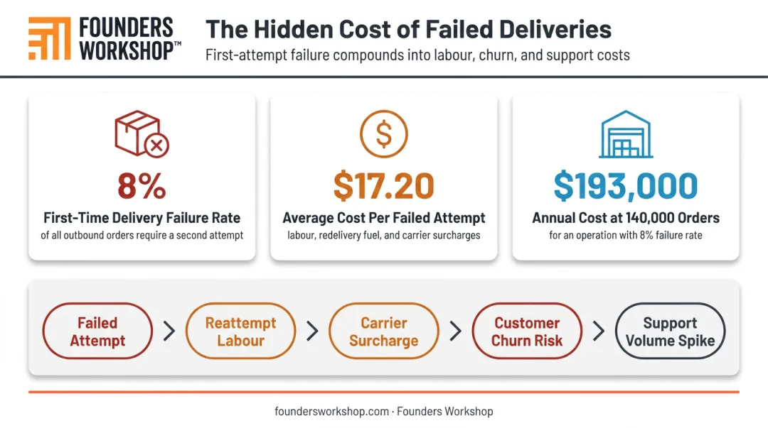 Failed delivery cost breakdown showing 8 percent failure rate and financial impact