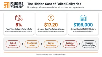 Failed delivery cost breakdown showing 8 percent failure rate and financial impact