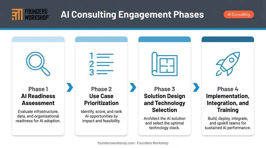 Four-phase AI consulting engagement process from readiness assessment to deployment
