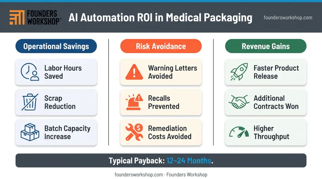 AI automation ROI three-channel breakdown for medical packaging manufacturers