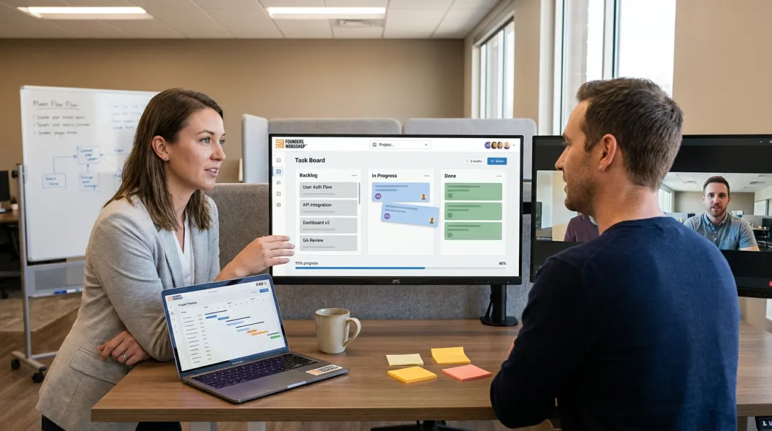 Augmented developer team member participating in remote sprint planning session with internal team