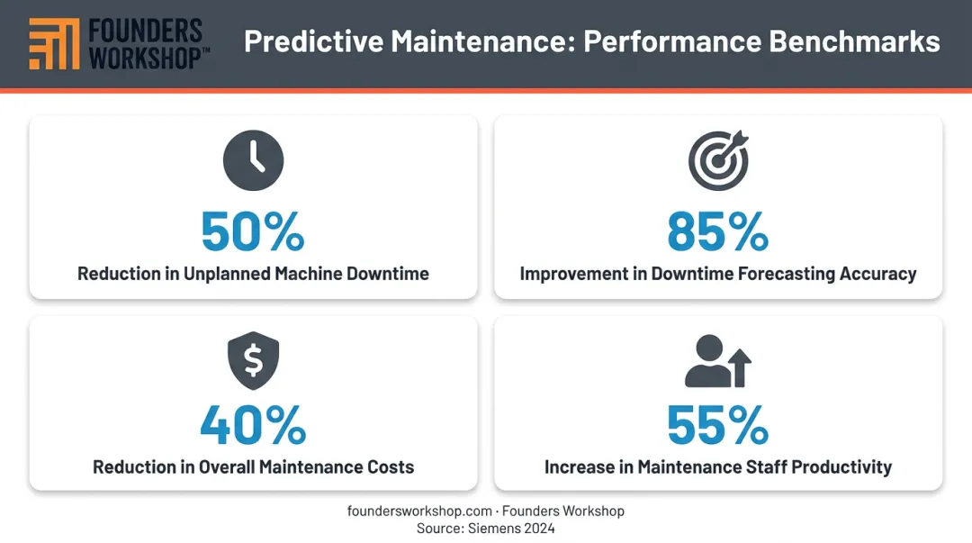Four predictive maintenance benefits statistics showing downtime cost and productivity improvements