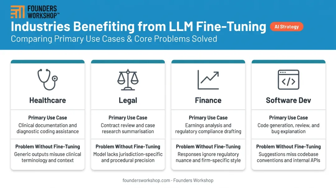 Four industry LLM fine-tuning use cases and domain-specific pain points comparison
