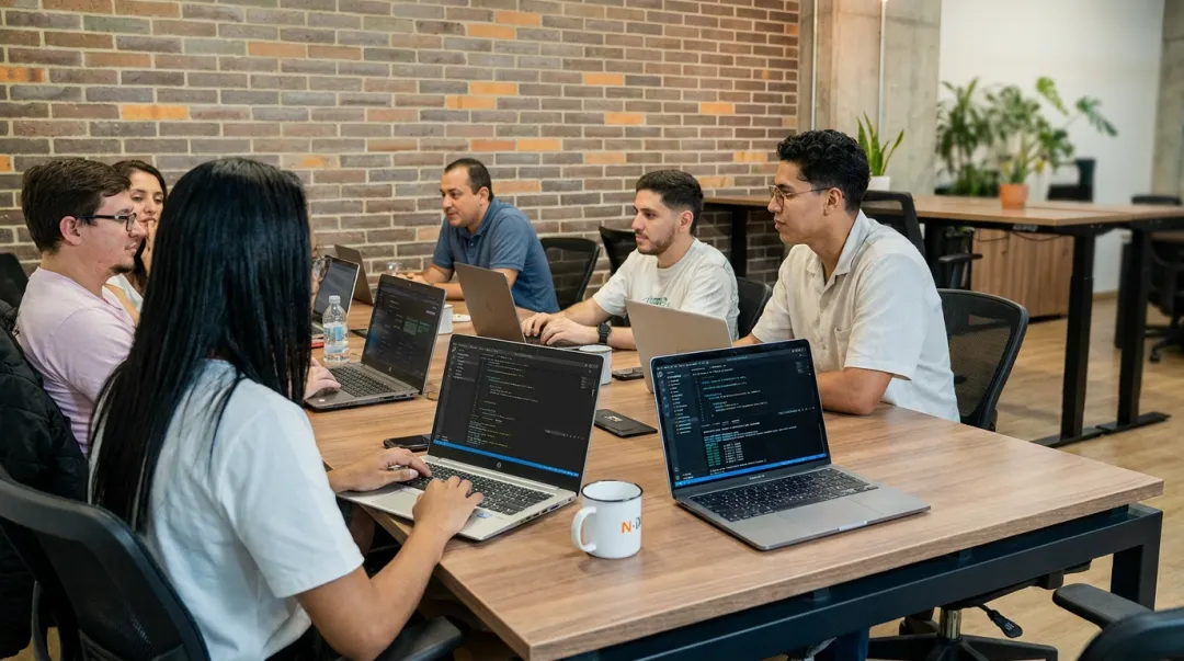 Latin American software development team collaborating in modern tech office workspace
