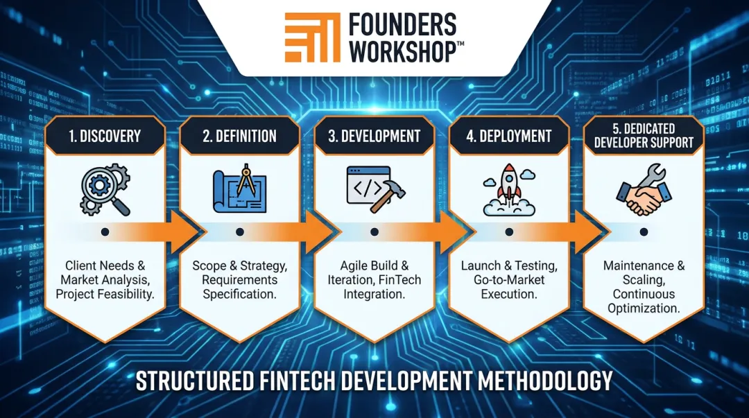 Founders Workshop 5D process discovery through deployment development framework diagram