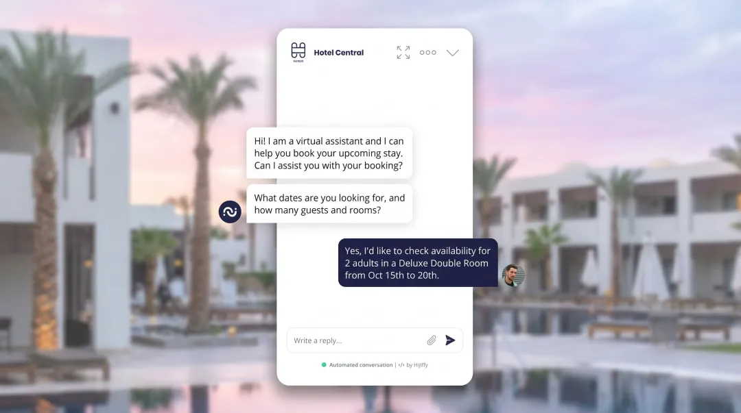 Hotel conversational AI chat interface showing direct booking conversation on website