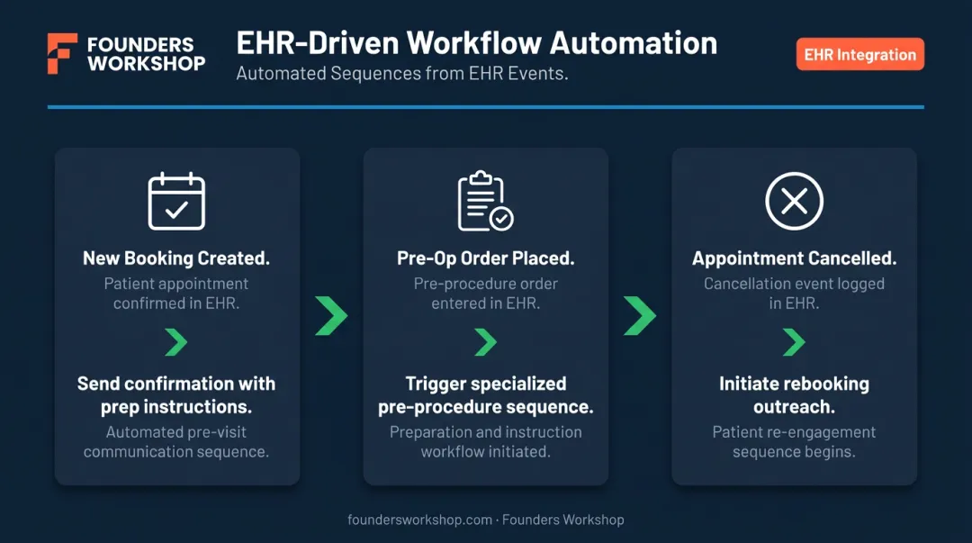 EHR event-driven AI reminder workflow triggers three-step process flow diagram