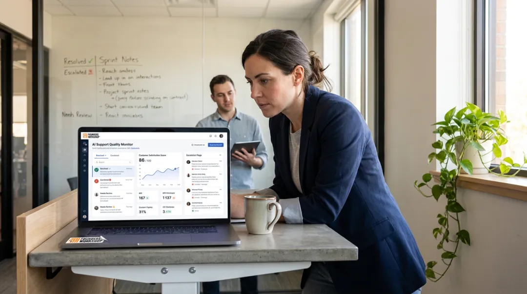 Support manager reviewing AI chatbot quality metrics and escalation workflow on laptop