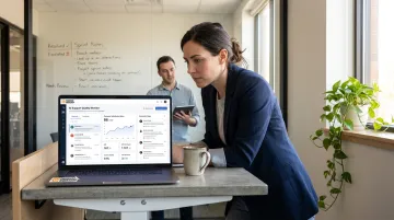 Support manager reviewing AI chatbot quality metrics and escalation workflow on laptop