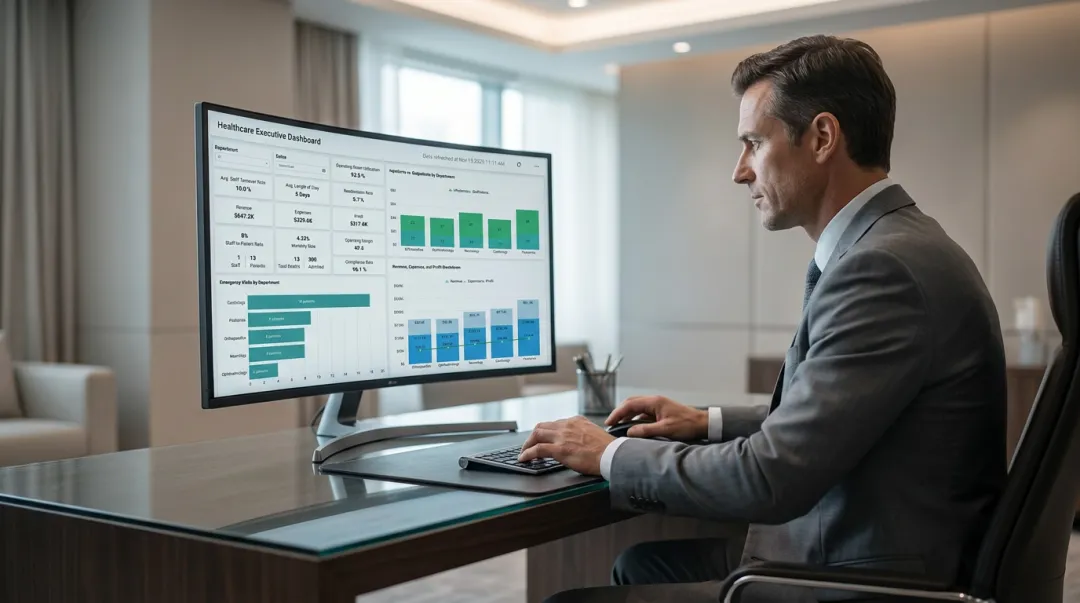Healthcare executive reviewing AI implementation ROI data on digital dashboard screen