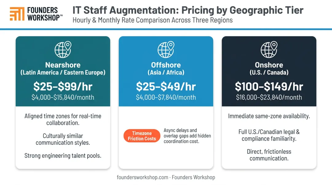 IT staff augmentation regional cost comparison chart nearshore offshore onshore rates