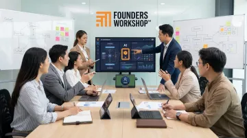 Founders Workshop senior team collaborating on AI product strategy in modern office