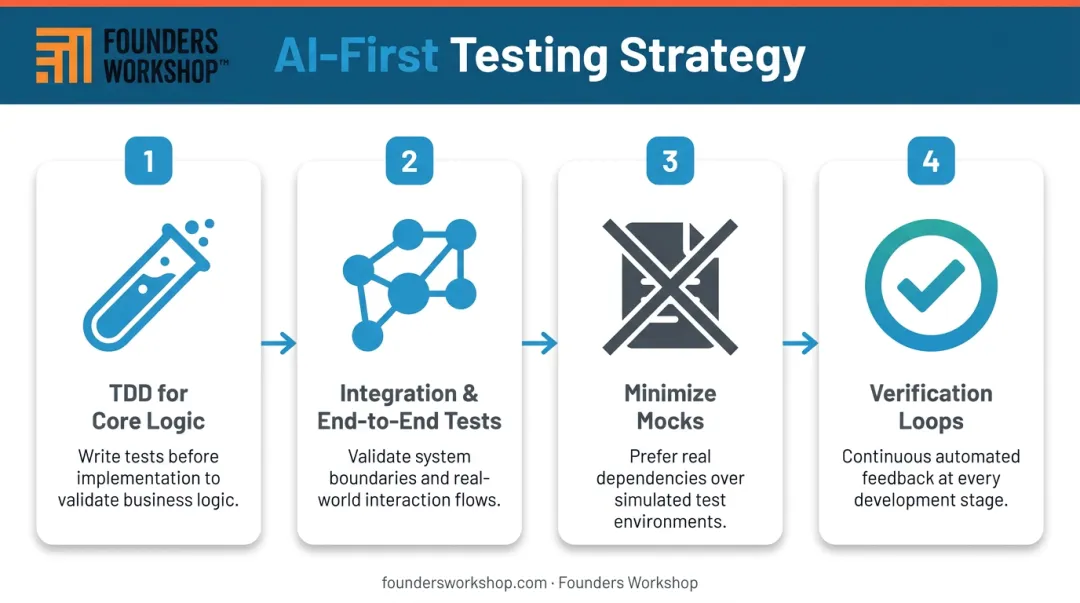 Four-step AI-first automated testing setup process flow infographic