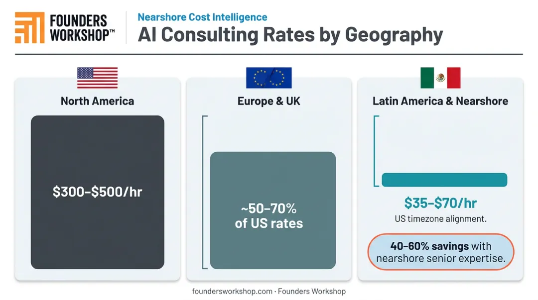 AI consultant hourly rate comparison by geography US Europe Latin America nearshore