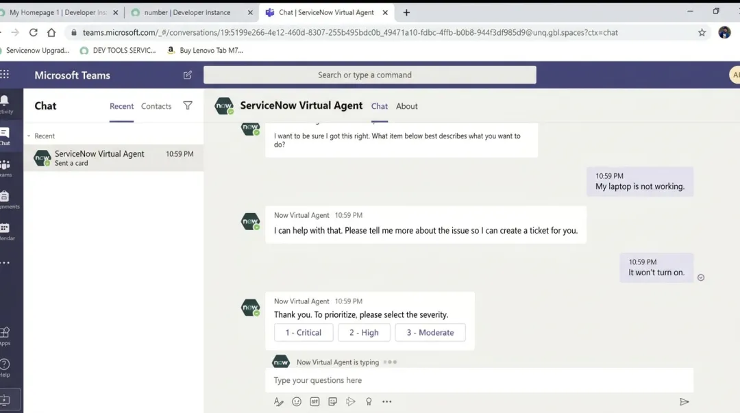 ServiceNow Virtual Agent conversation inside Microsoft Teams interface for IT support