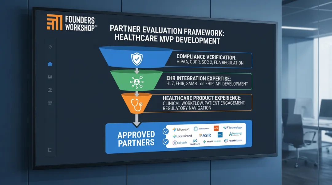 Healthcare development partner evaluation checklist showing HIPAA compliance and FHIR integration criteria