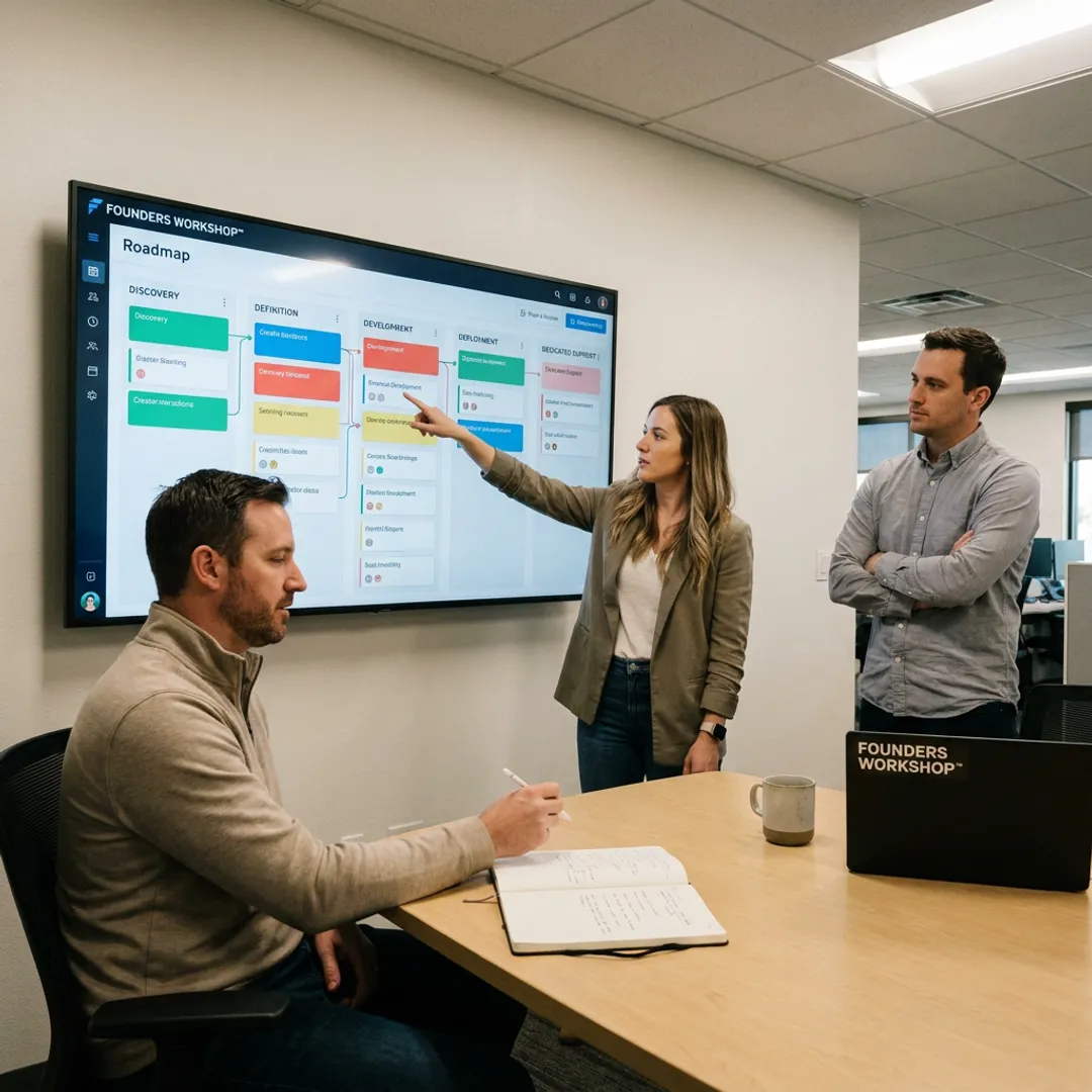Software development process roadmap on a planning board