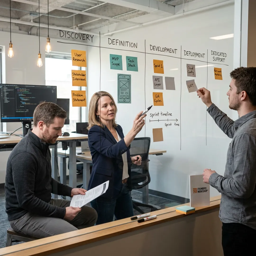 Product development team mapping a web application process