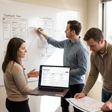 Software team planning construction app workflow