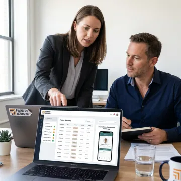 Healthcare software development team reviewing secure patient data dashboards