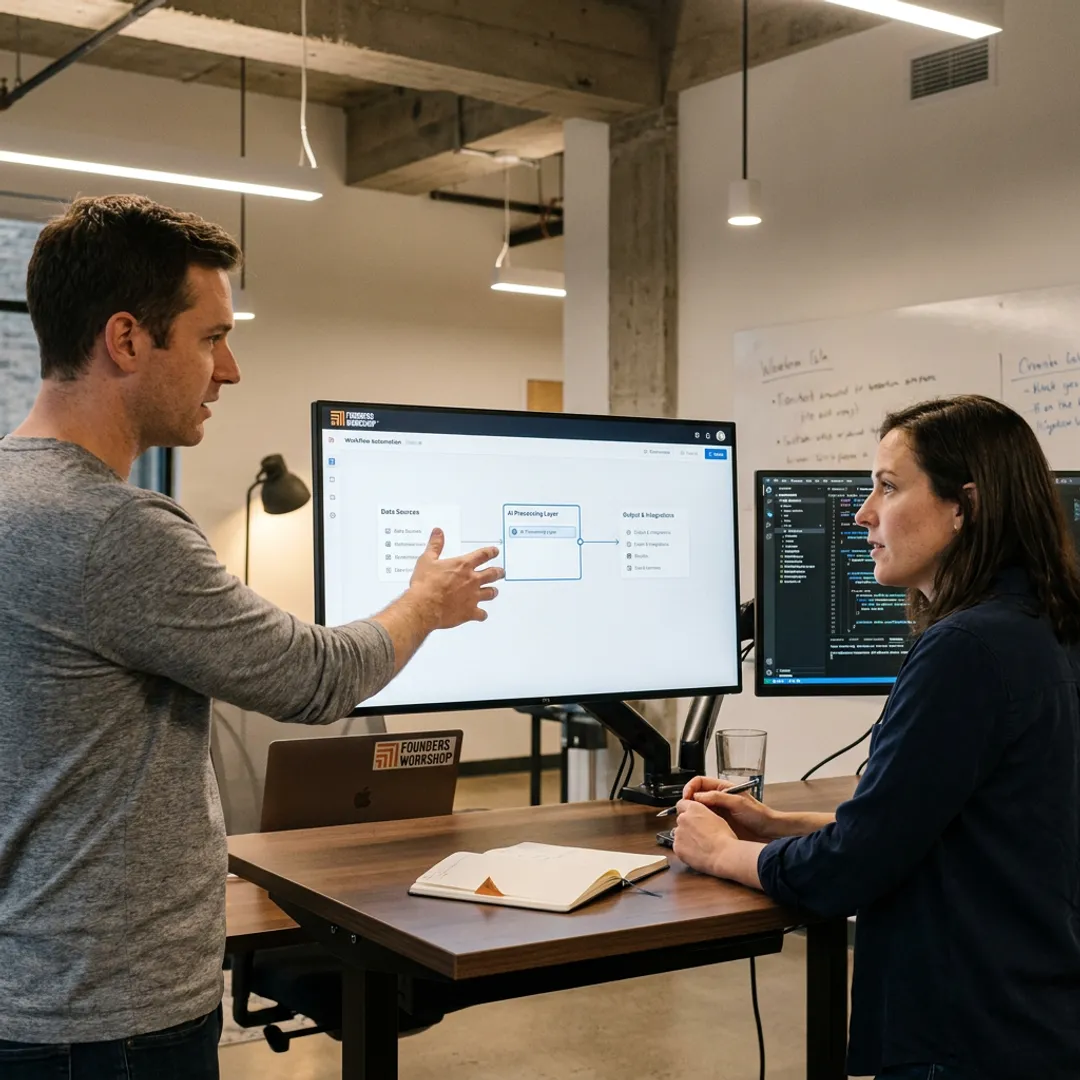 Team mapping an AI workflow automation process
