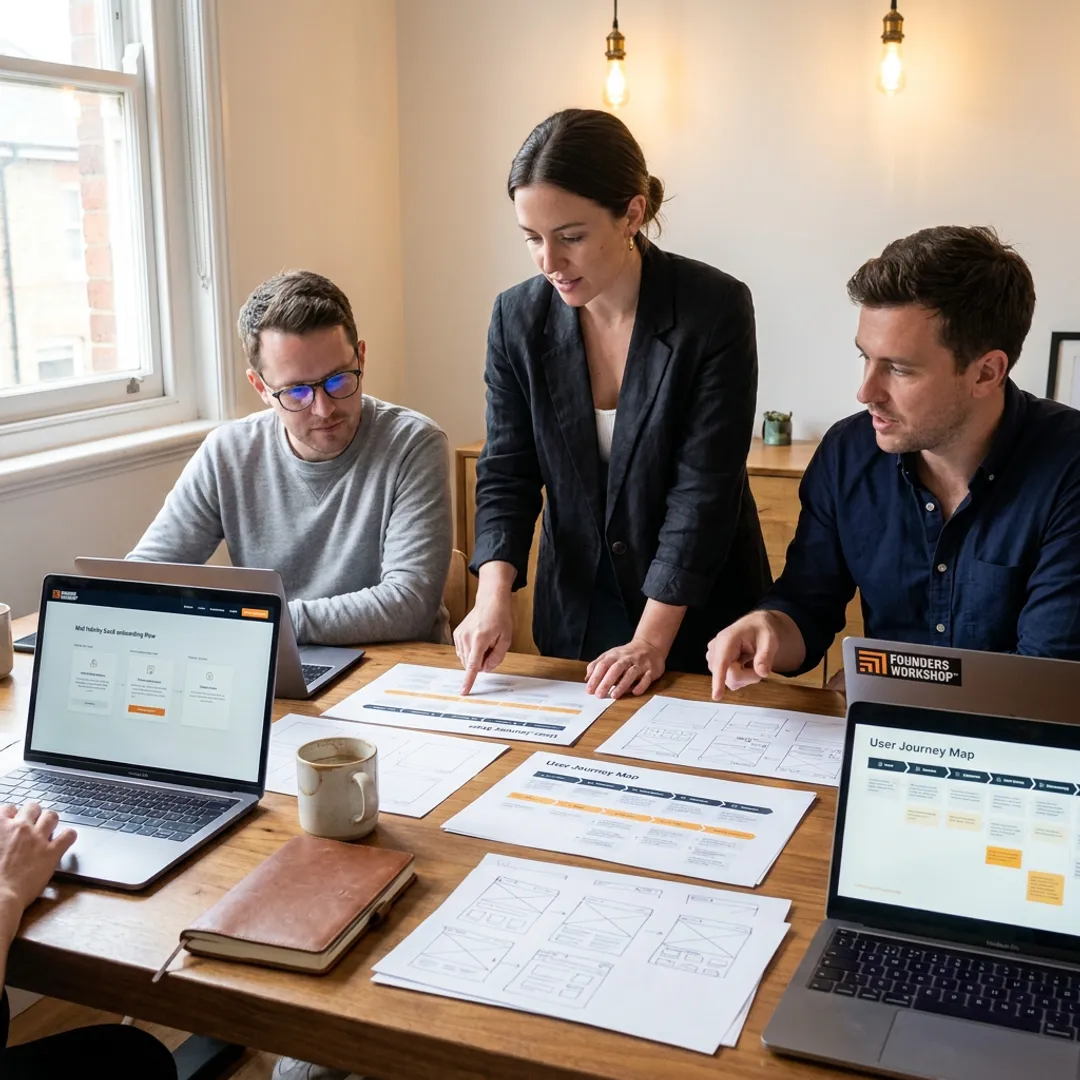 UX designers reviewing user journey maps and prototypes