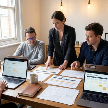 UX designers reviewing user journey maps and prototypes