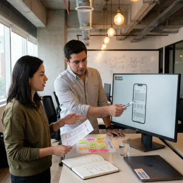 Nearshore UI/UX design team reviewing app wireframes
