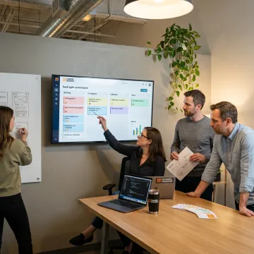 Agile software team reviewing front-end product roadmap