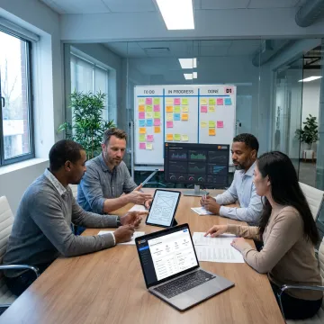 Software development process mapped on a digital planning board