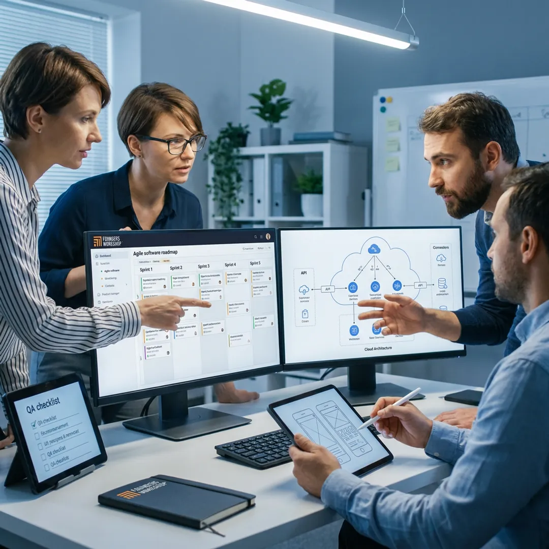 Software development team reviewing a product roadmap