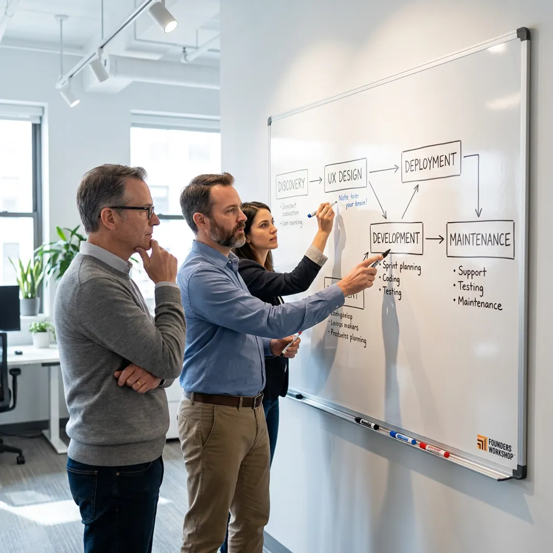 Consultants mapping a five-step software innovation process