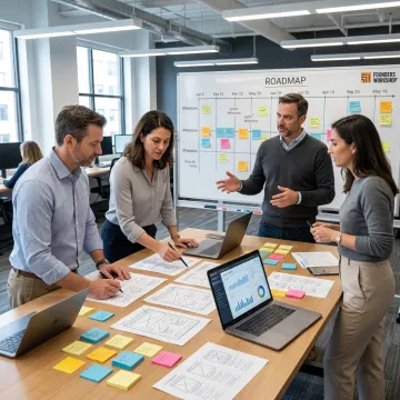 Product innovation team planning a software roadmap