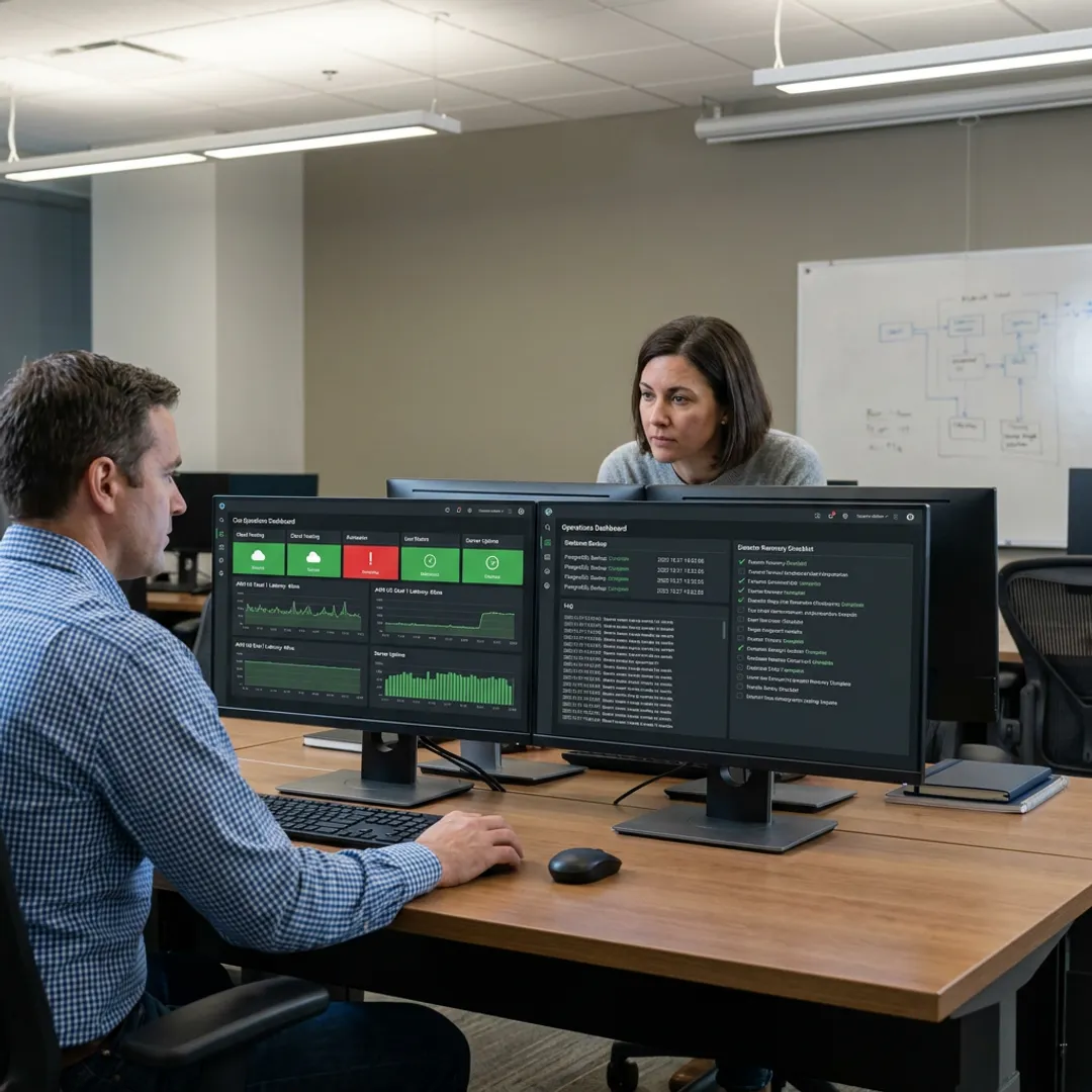 Engineers monitoring cloud hosting systems