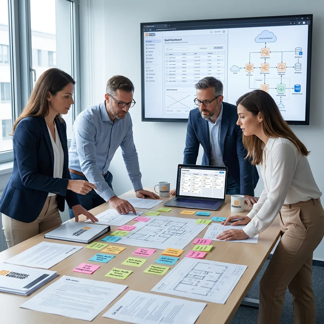 Software team reviewing product roadmap and prototype