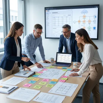 Software team reviewing product roadmap and prototype