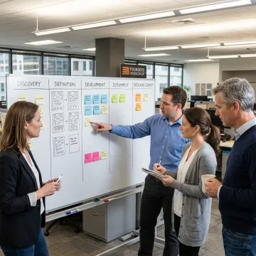 Software product team reviewing agile development steps