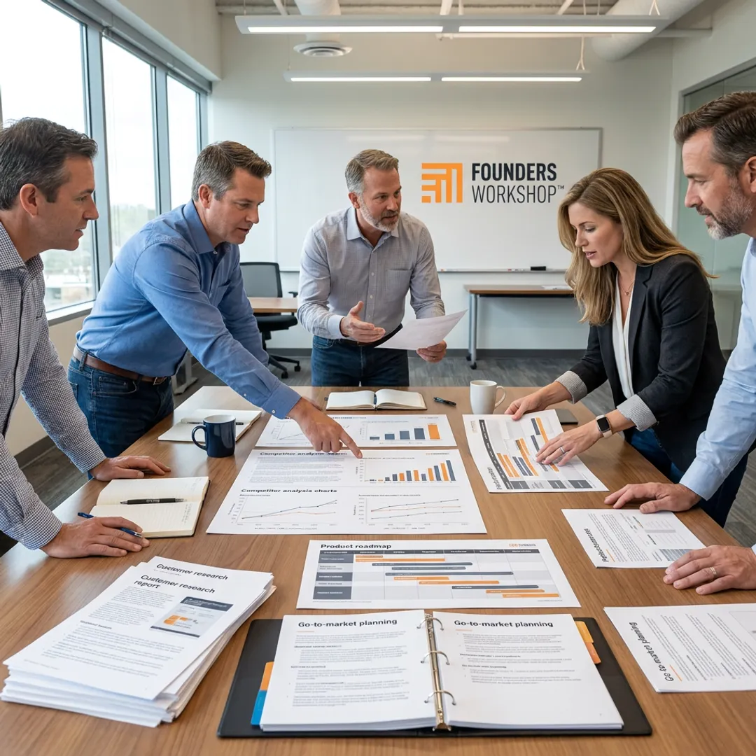 Team reviewing market validation research and strategy