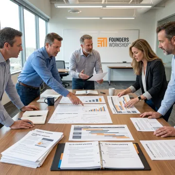 Team reviewing market validation research and strategy