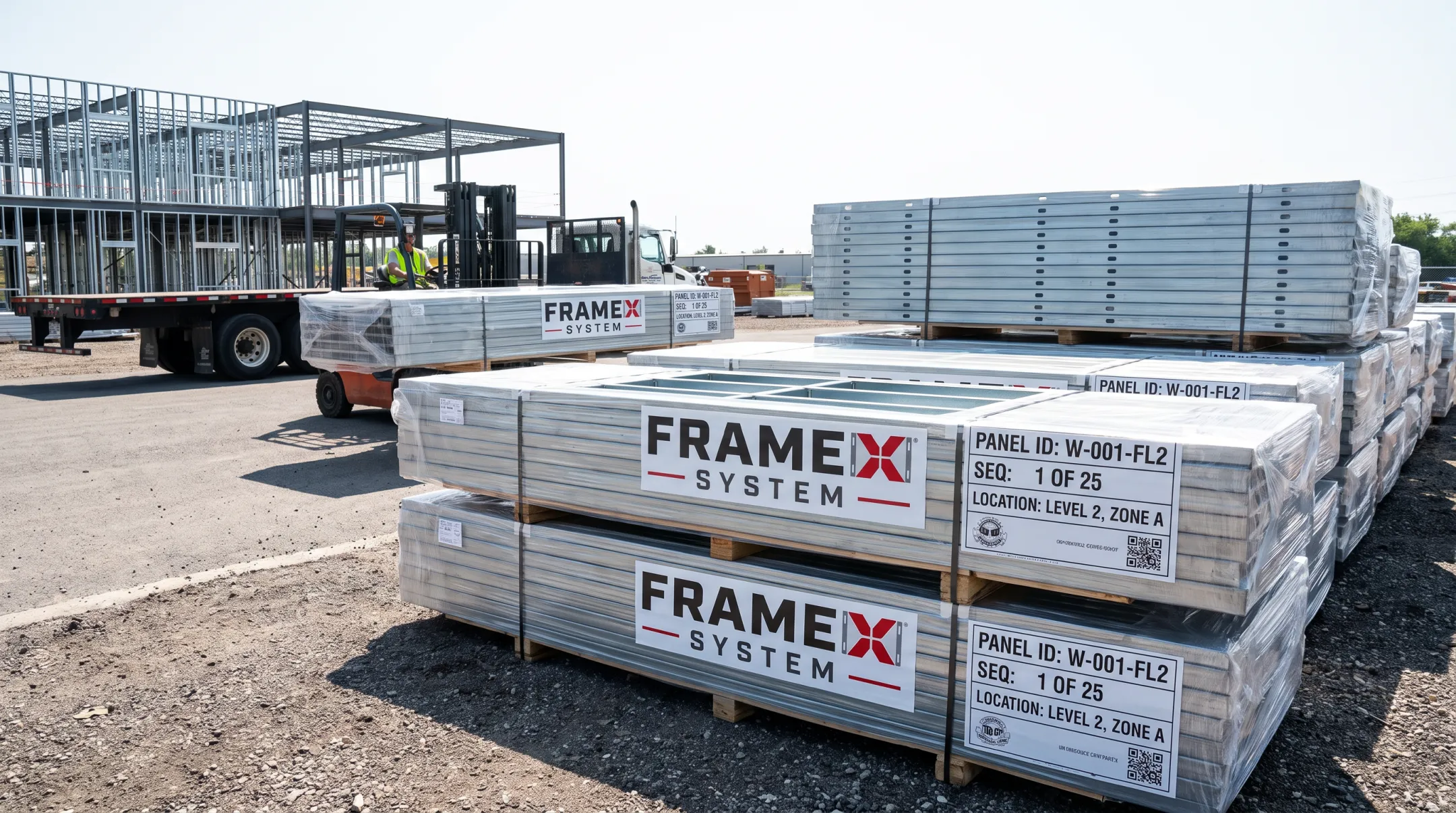 Prefabricated steel wall panels labeled and staged for jobsite installation