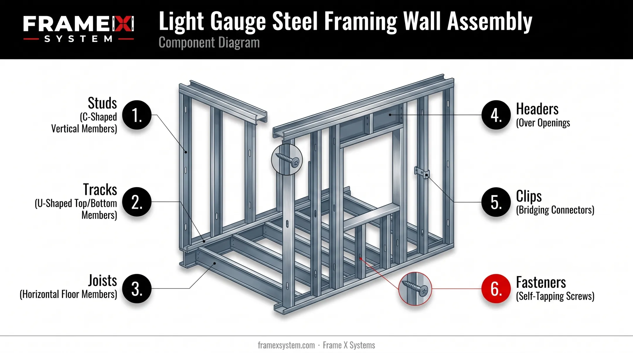 Light gauge metal framing components diagram showing studs tracks joists and clips