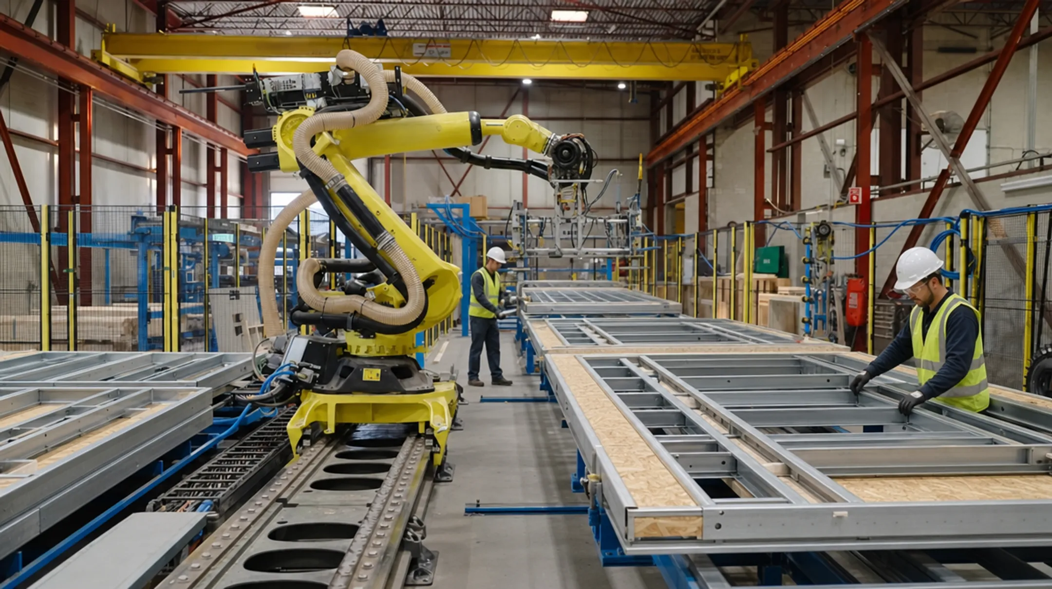 Modular steel-framed panels being assembled at offsite construction facility