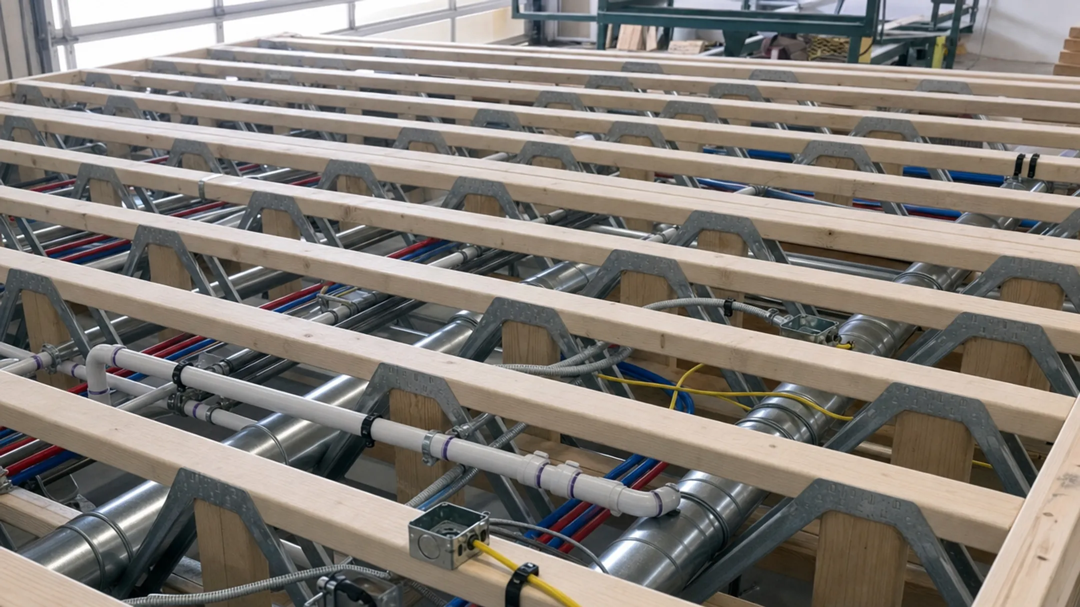 Ductwork and plumbing routed through open web floor truss framing system