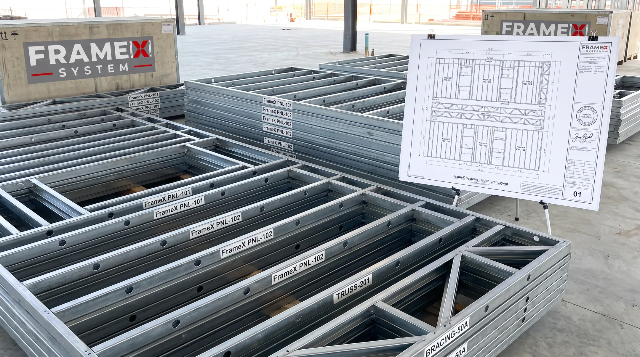 FrameX Systems BIM-coordinated steel framing package with labeled panels
