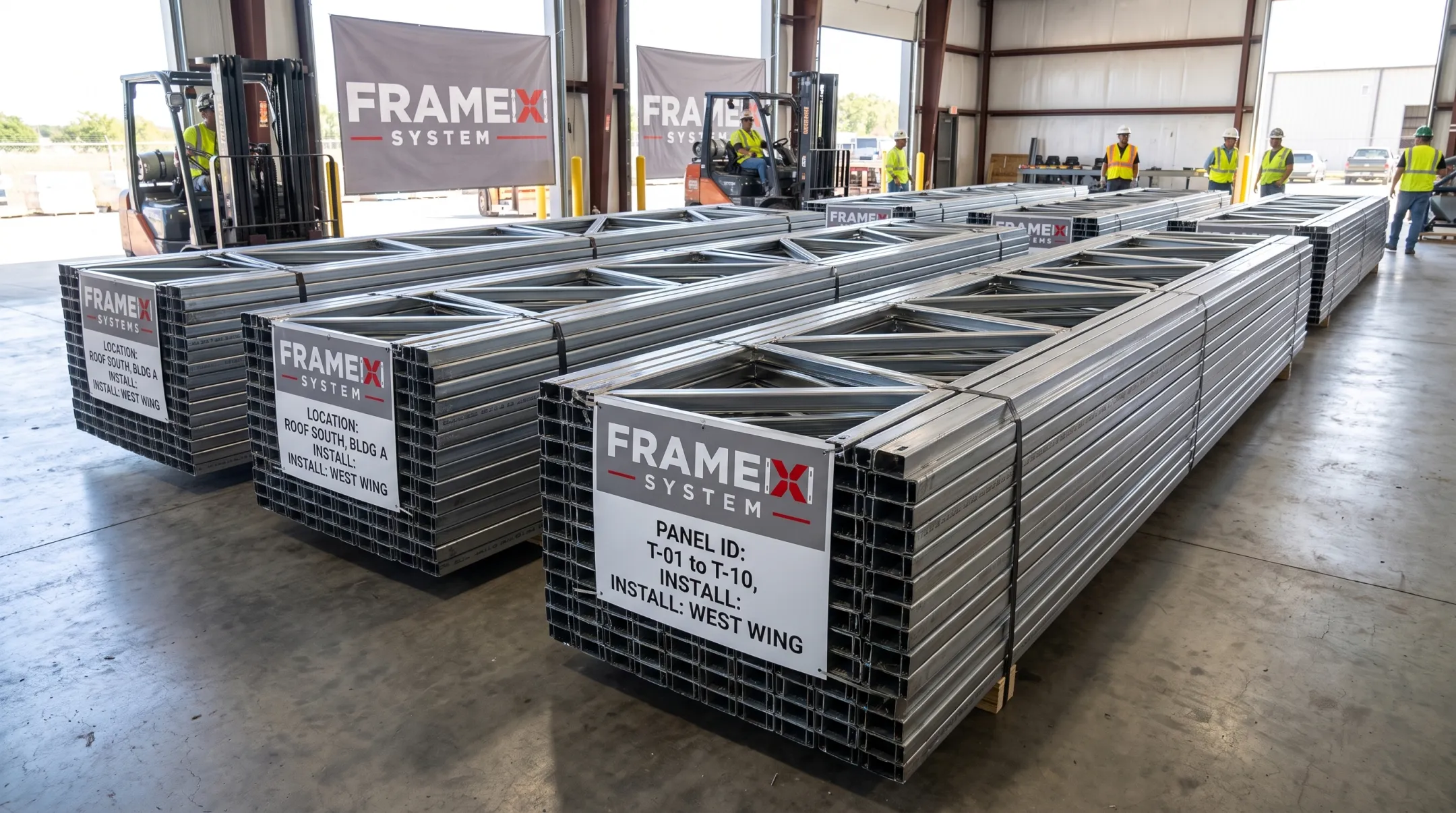 FrameX cold-formed steel roof truss panels bundled for installation