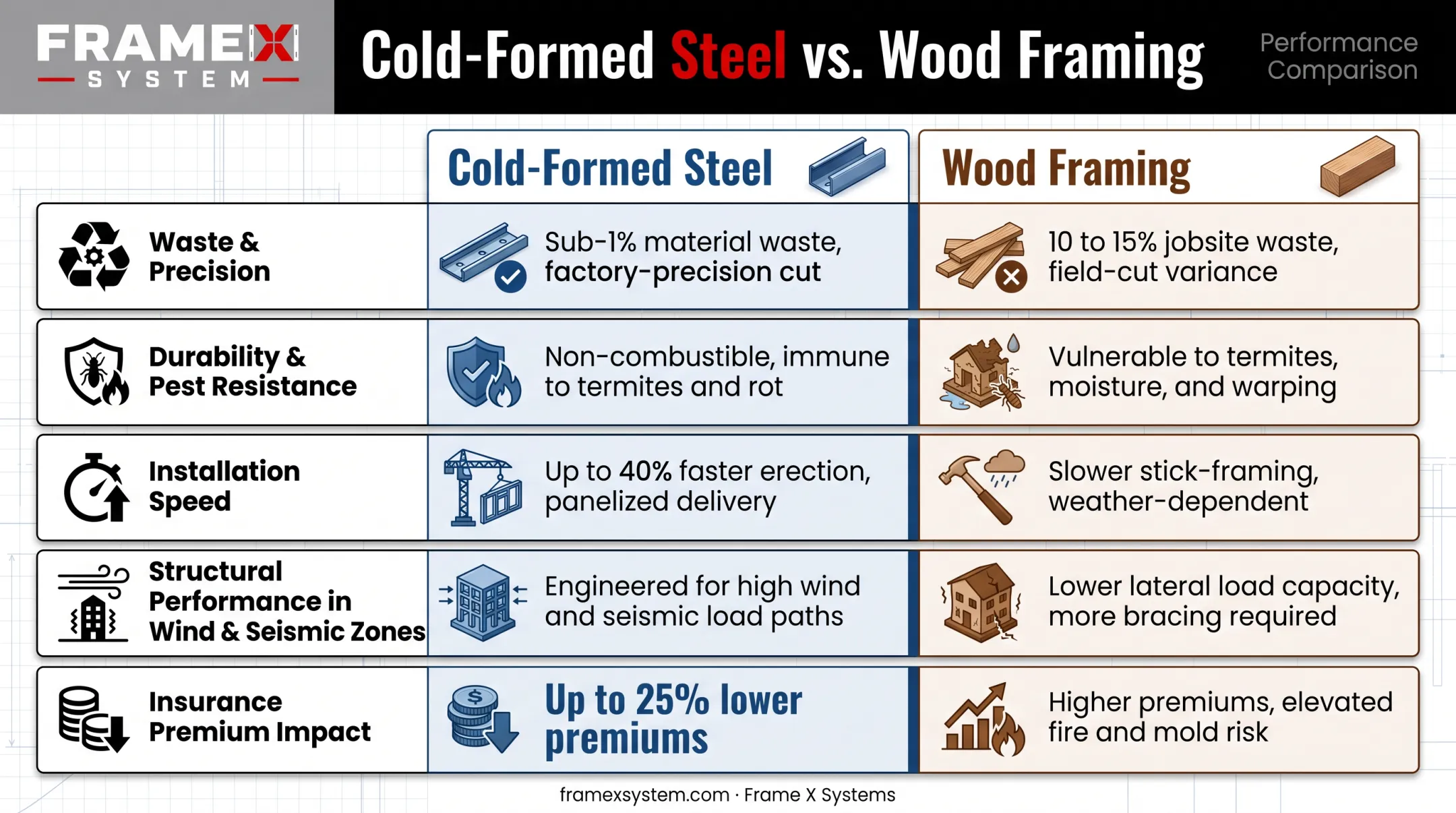 Cold-formed steel wall panel benefits comparison chart versus wood framing
