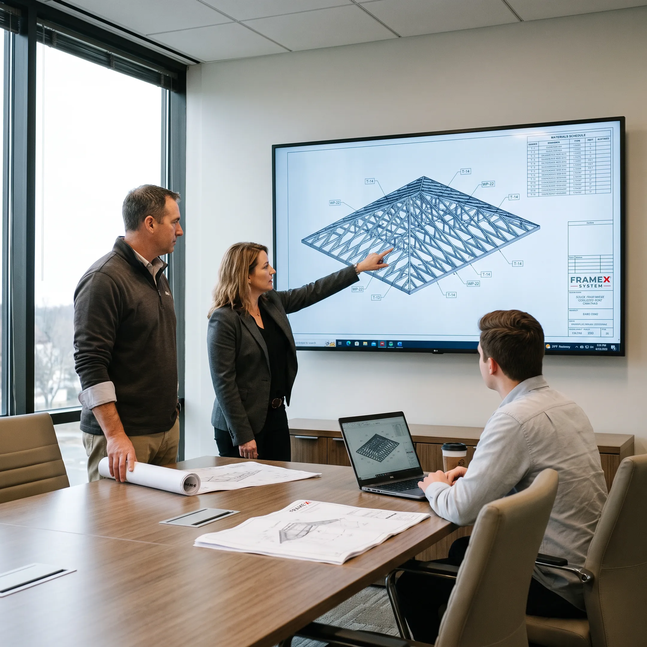Architect reviewing coordinated steel roof framing model