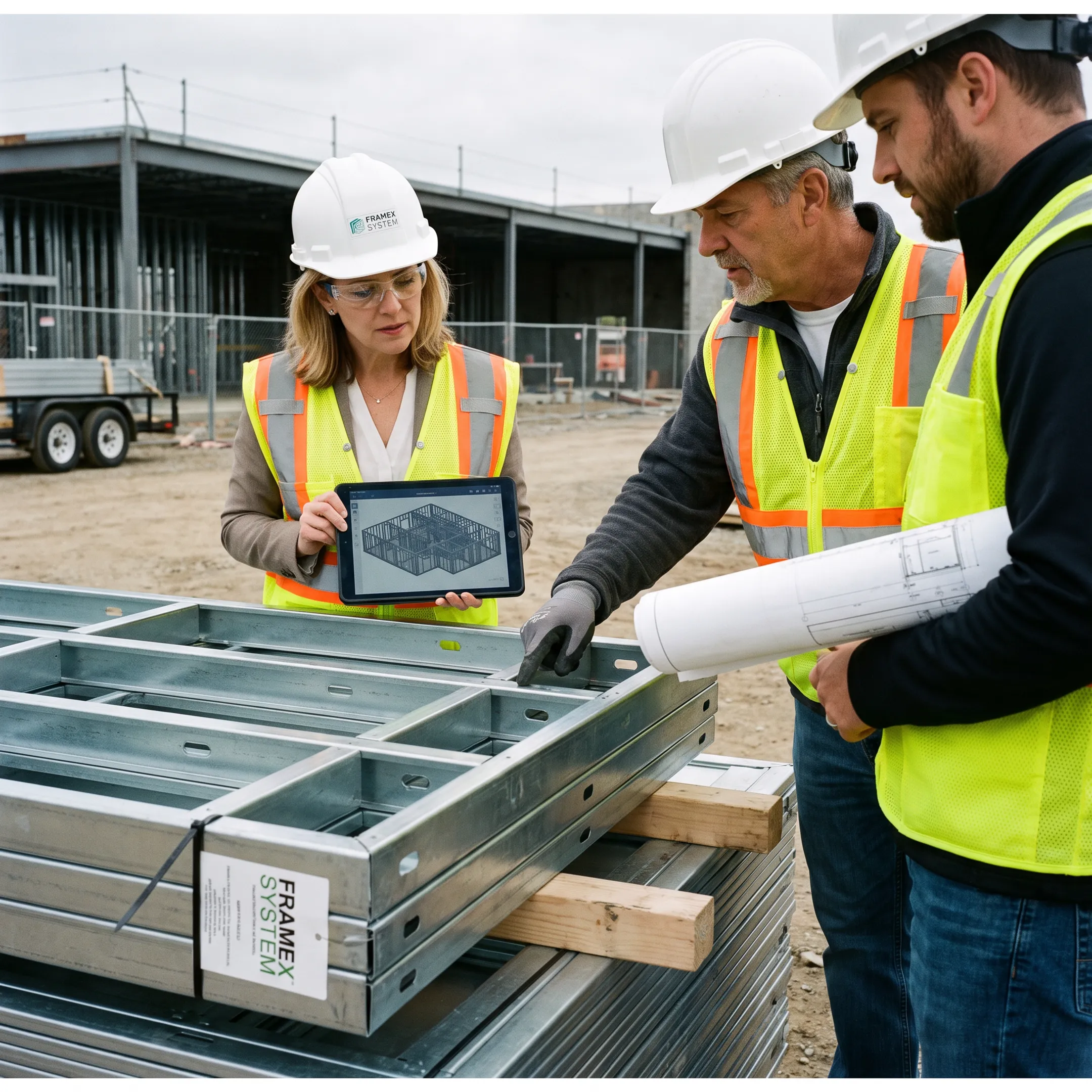 Commercial framing team reviewing coordinated steel floor system plans